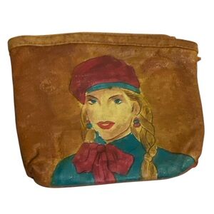 Vintage Emily Ann Leather Artistic Brown Cosmetic Bag with Portrait Design